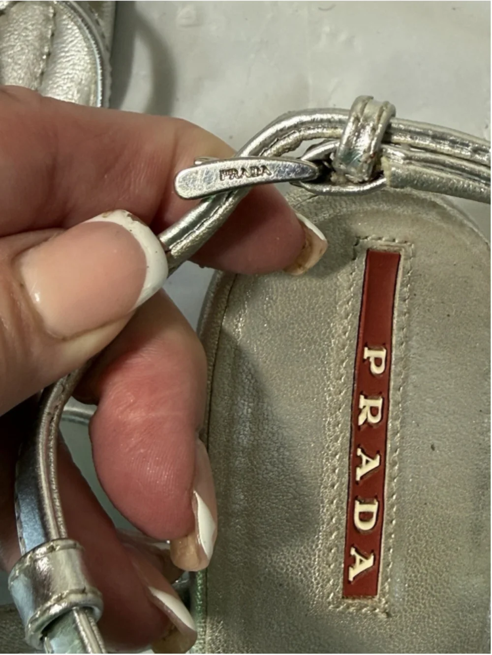 PRADA, Wedge Sandals, Silver Leather, size 6 1/2